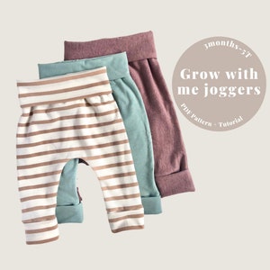 May include: Three pairs of joggers with fold-over waistbands and cuffs. One pair is white with brown horizontal stripes, one is solid teal, and one is solid mauve. Text on the image reads: 3months-5T Grow with me joggers PDF Pattern + Tutorial.