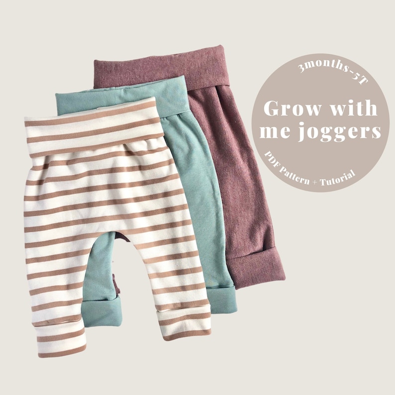 May include: Three pairs of joggers with fold-over waistbands and cuffs. One pair is white with brown horizontal stripes, one is solid teal, and one is solid mauve. Text on the image reads: 3months-5T Grow with me joggers PDF Pattern + Tutorial.