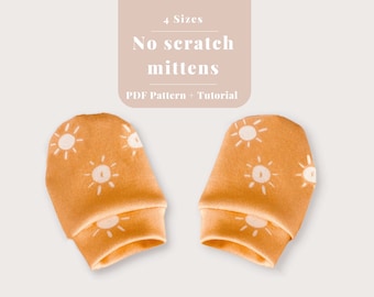 May include: A pair of orange baby mittens with a white sun pattern. The mittens are folded and laid out on a white background. The text "4 Sizes No scratch mittens PDF Pattern + Tutorial" is above the mittens.