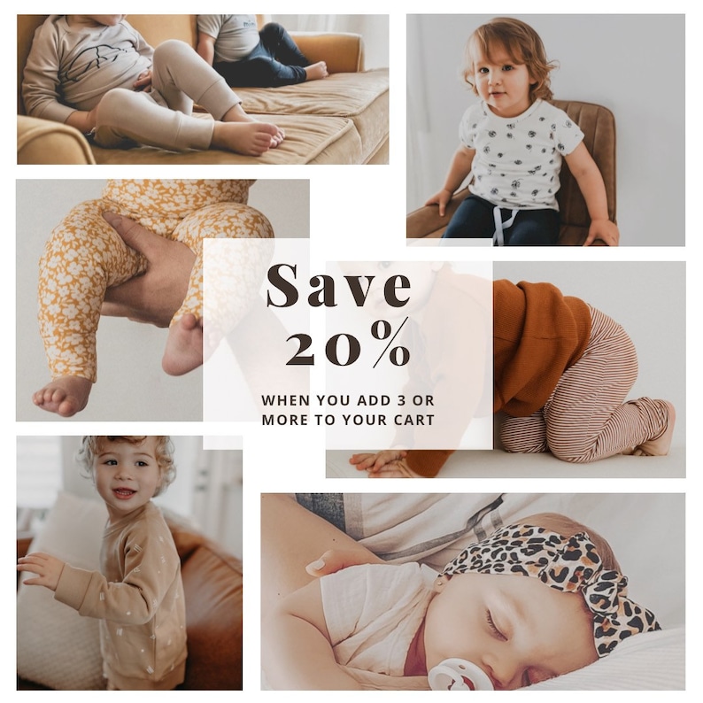 Op de afbeelding: Een collage van afbeeldingen met baby's en peuters die verschillende kledingstukken dragen. De tekst "Save 20% When you add 3 or more to your cart" wordt weergegeven op een witte achtergrond.