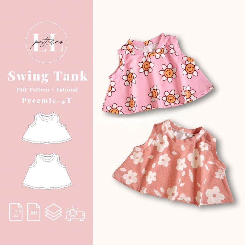 May include: Two swing tank tops, one pink with smiling daisy print, the other peach with white floral pattern. The image includes a pattern diagram and the text "Swing Tank PDF Pattern + Tutorial Preemie-4T".