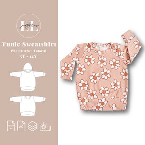 May include: A digital sewing pattern for a tunic sweatshirt with a daisy print. The pattern includes sizes 5Y - 12Y and is available in PDF format. The pattern is printed on letter or A0 size paper.