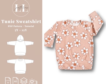 Sewing pattern for kids tunic sweatshirt, Long kids tunic sewing pattern, Kids sweatshirt pattern, Kids tunic sweatshirt, Kids tunic pattern