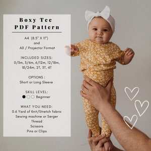 May include: A PDF pattern for a boxy tee, with instructions for sizes 0/3m to 4T. The pattern includes options for short or long sleeves and is labeled as beginner level. The image shows a baby wearing a yellow floral tee with a white headband.