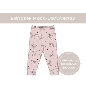 May include: Light pink leggings featuring a repeating pattern of black line-art bows and small black dots. The text Editable Mock-Up/Overlay appears at the top, and a circular badge states Instructions for CANVA included.