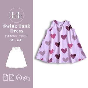 May include: A PDF sewing pattern for a sleeveless swing tank dress with a heart print. The pattern is available in sizes 5Y - 12Y. The pattern includes a tutorial and is available in A0 and Letter sizes.