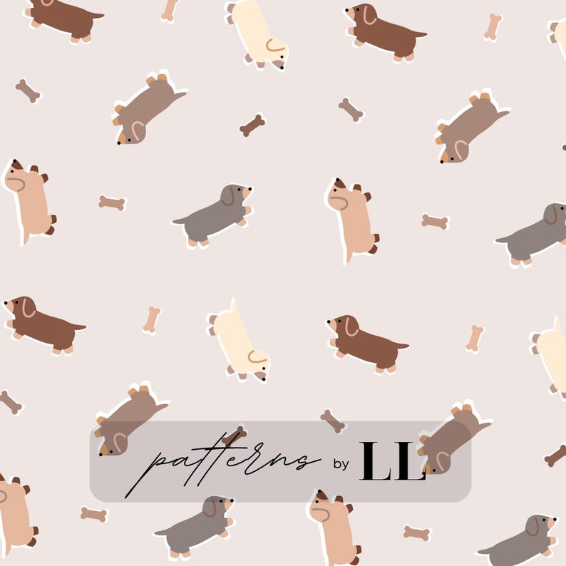 May include: A seamless pattern featuring various colored dachshund dogs with bone shapes on a light gray background. The text "patterns by LL" is in the center of the image.