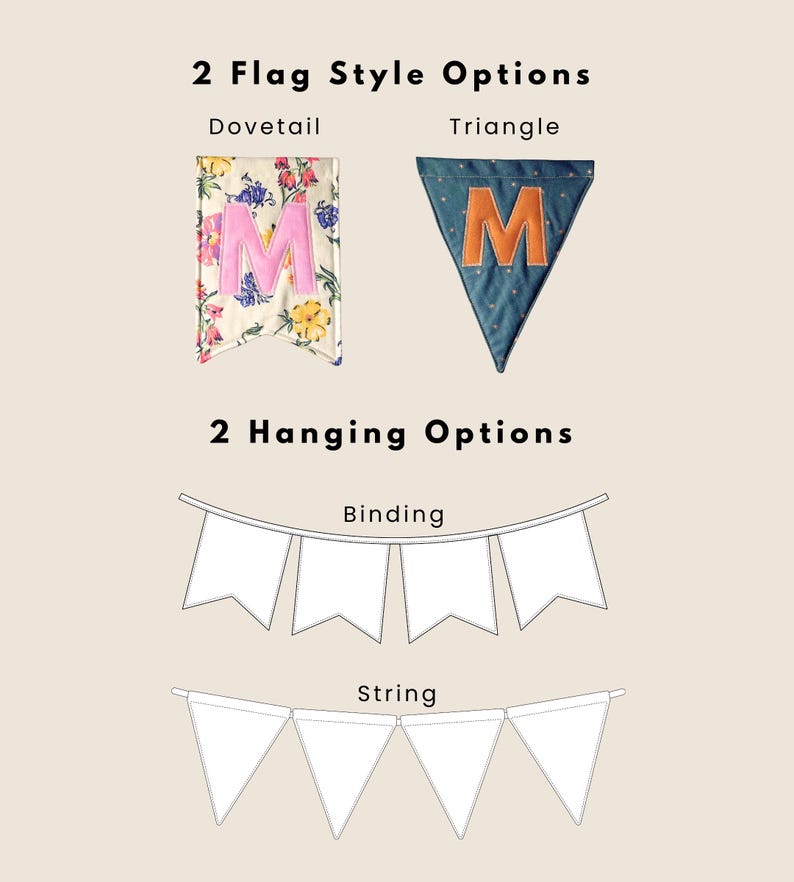 May include: A visual guide showing 2 Flag Style Options: a floral fabric dovetail flag with a pink letter M and a blue fabric triangle flag with an orange letter M. Below are 2 Hanging Options: a binding style banner and a string style banner.