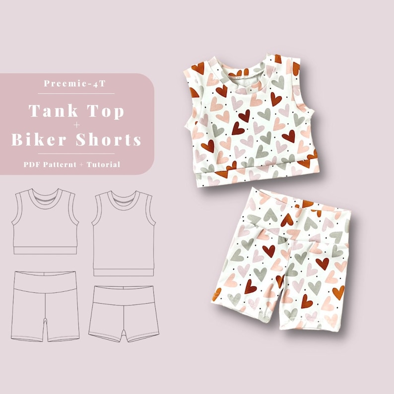 May include: A sewing pattern for a sleeveless tank top and biker shorts for a child. The pattern includes a tutorial and is available as a PDF download. The pattern is illustrated with a white tank top and shorts with a heart print in shades of pink, brown, and green.