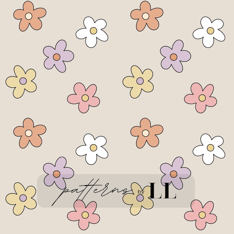 May include: A seamless pattern featuring pastel colored flowers with a light brown background. The text "patterns by LL" is in the center of the image.