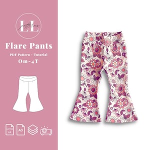 May include: A digital download pattern for flare pants for children sizes 0m-4T. The pattern includes a floral print design with pink, white, and purple flowers. The pattern is available in letter and A0 sizes.