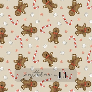 Könnte beinhalten: Ein sich wiederholendes Muster mit Lebkuchenmännern mit roten Fliegen, Zuckerstangen, Marshmallows und Schneeflocken auf beigem Hintergrund. Der Text "patterns by LL" befindet sich unten. Ideal für Bastelarbeiten zum Thema Feiertage.
