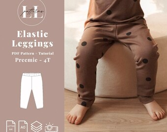 May include: Brown elastic leggings with black polka dots, part of a matching set. The image also shows a line drawing of the leggings and the text "Elastic Leggings PDF Pattern + Tutorial Preemie - 4T".