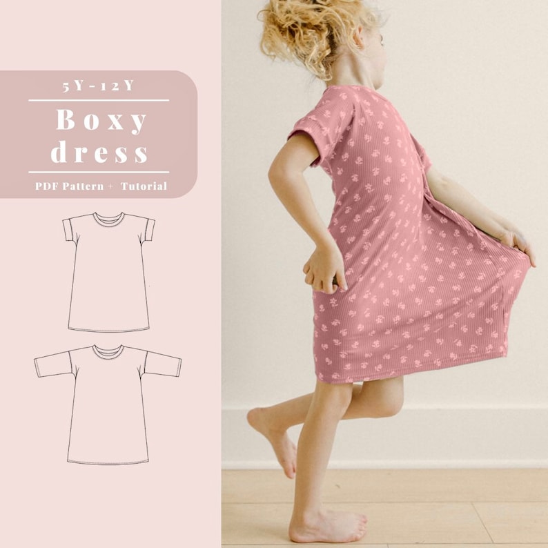 K&ouml;nnte beinhalten: Eine digitale Illustration eines Boxy-Kleidermusters f&uuml;r M&auml;dchen im Alter von 5-12 Jahren. Das Muster beinhaltet eine Option mit kurzen &Auml;rmeln und eine Option mit 3/4-&Auml;rmeln. Der Text "Boxy Dress" und "PDF-Muster + Tutorial" ist im Bild enthalten.