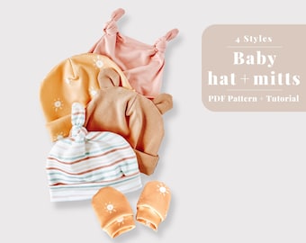 May include: Four styles of baby hats and mittens in a variety of colors and patterns, including a striped hat, a brown hat with bear ears, a yellow hat with sun designs, and a pink hat with a knot. The image includes the text "4 Styles Baby hat + mitts PDF Pattern + Tutorial".