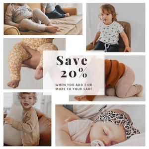 K&ouml;nnte beinhalten: Collage aus Fotos mit Babys und Kleinkindern, die verschiedene Kleidungsst&uuml;cke tragen. Der Text "Save 20% when you add 3 or more to your cart" wird auf einem wei&szlig;en Hintergrund angezeigt.