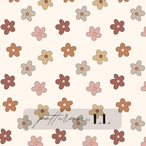 K&ouml;nnte beinhalten: Ein nahtloses Muster mit einem sich wiederholenden Design aus braunen, rosa und beigefarbenen Blumen auf wei&szlig;em Hintergrund. Der Text "patterns by LL" befindet sich am unteren Rand des Bildes.