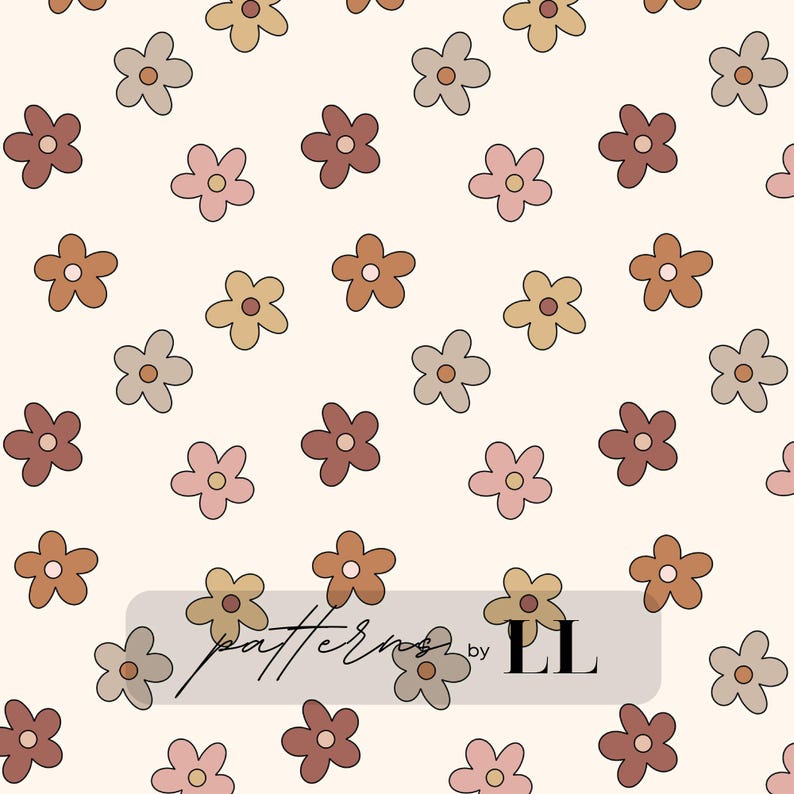 K&ouml;nnte beinhalten: Ein nahtloses Muster mit einem sich wiederholenden Design aus braunen, rosa und beigefarbenen Blumen auf wei&szlig;em Hintergrund. Der Text "patterns by LL" befindet sich am unteren Rand des Bildes.