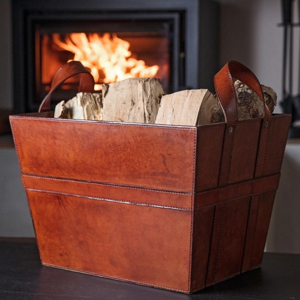 Leather Large Firewood Log Rectangle Basket, Firewood Leather Storage Basket with Handles, Rectangular Leather Basket for Firewood