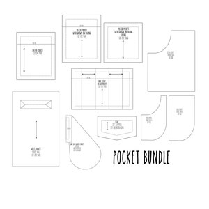 May include: A collection of various pocket patterns, including patch pockets and welt pockets, with cut lines and measurements. The text "POCKET BUNDLE" is displayed in a handwritten style font. The image is in black and white.