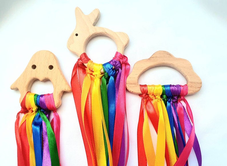 Montessori Ribbon Rings, Rainbow, Pastel and Black and White: Rabbit, Penguin and Cloud zdjęcie 4