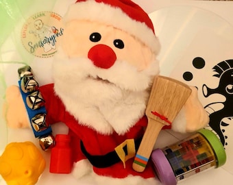 Christmas Sensory Box 9 ITEMS: , Hand Puppet, Castanet, Rain Shaker, Shaker, Colourful Scarf,  Flash Card, Bubbles, Mirror and Textured Ball