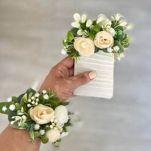 Braccialetto con fiore bianco, boutonniere da tasca, boutonniere verde per uomo, boutonniere per sposo