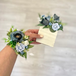 Dusty blue corsage Blue pocket boutonniere Prom boutonniere set