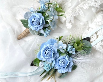 Baby blue corsage and boutonniere set Flower wrist corsage Summer Floral Accessories