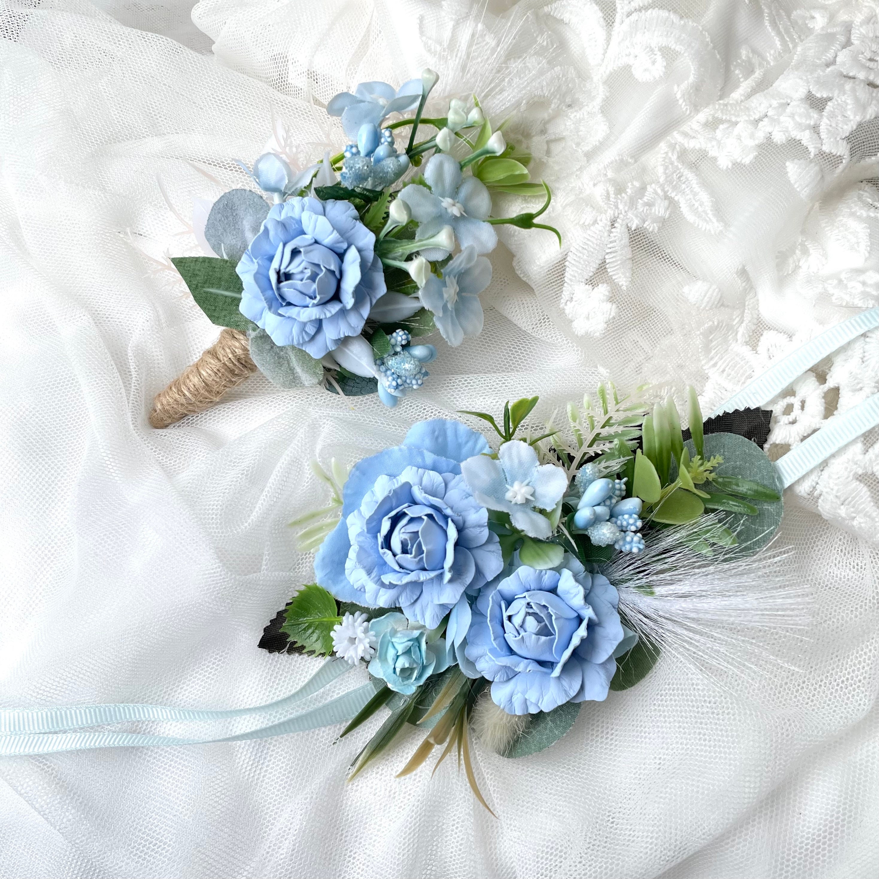Baby Blue Corsage and Boutonniere Set Flower Wrist Corsage