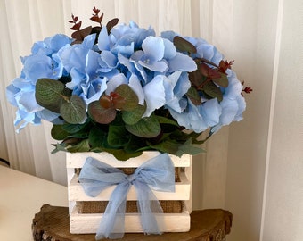 Blue hydrangea centerpiece Farmhouse floral arrangements  Blue silk hydrangeas eucalyptus vase