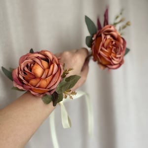 Rust terracotta Fall boutonniere and corsage set Corsage bracelet