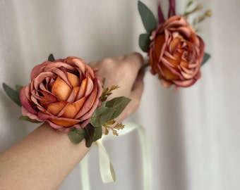 Rust terracotta Fall boutonniere and corsage set Corsage bracelet
