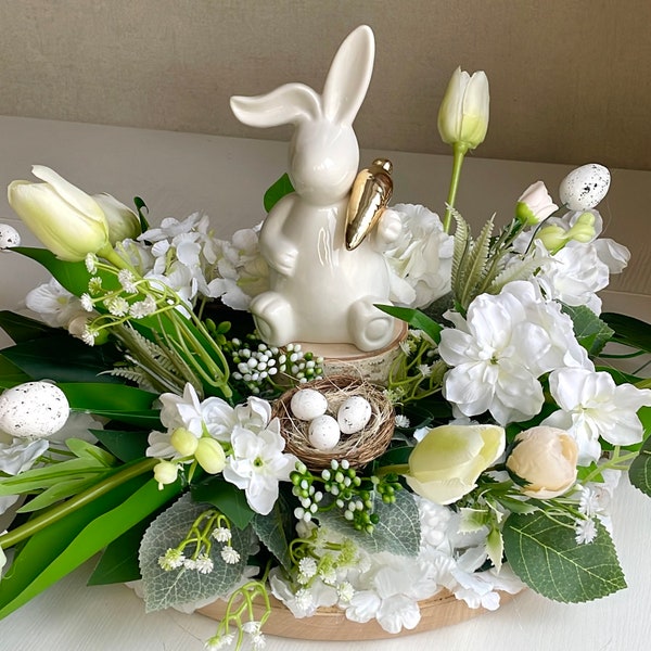 Easter bunny centerpiece White Tulip arrangement Easter centerpiece for table