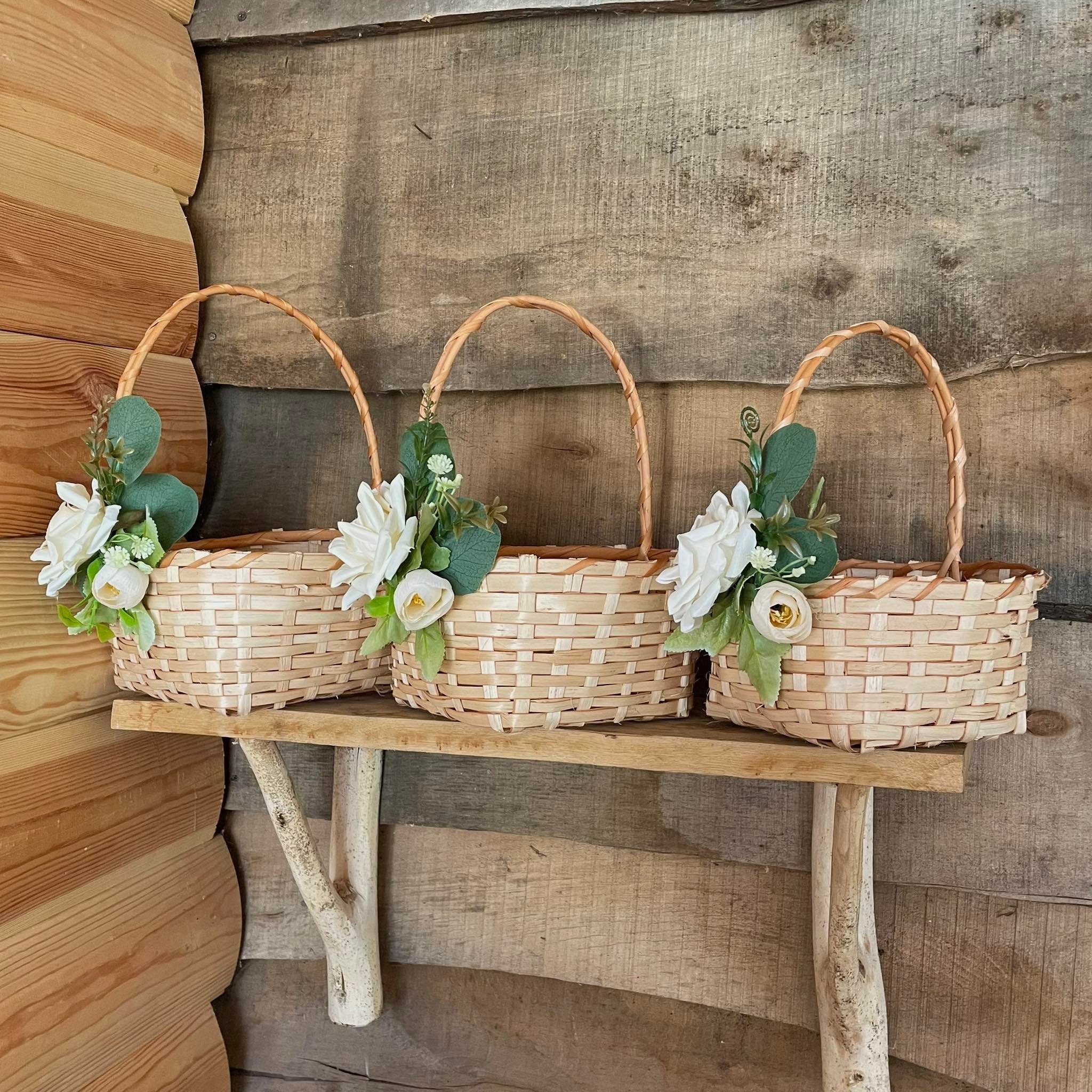 PartyKindom 2 Pcs Flower Girl Basket, Hand Woven Baskets Wooden Basket  Flower Girl Baskets for Weddings Home Wall Room Decorations