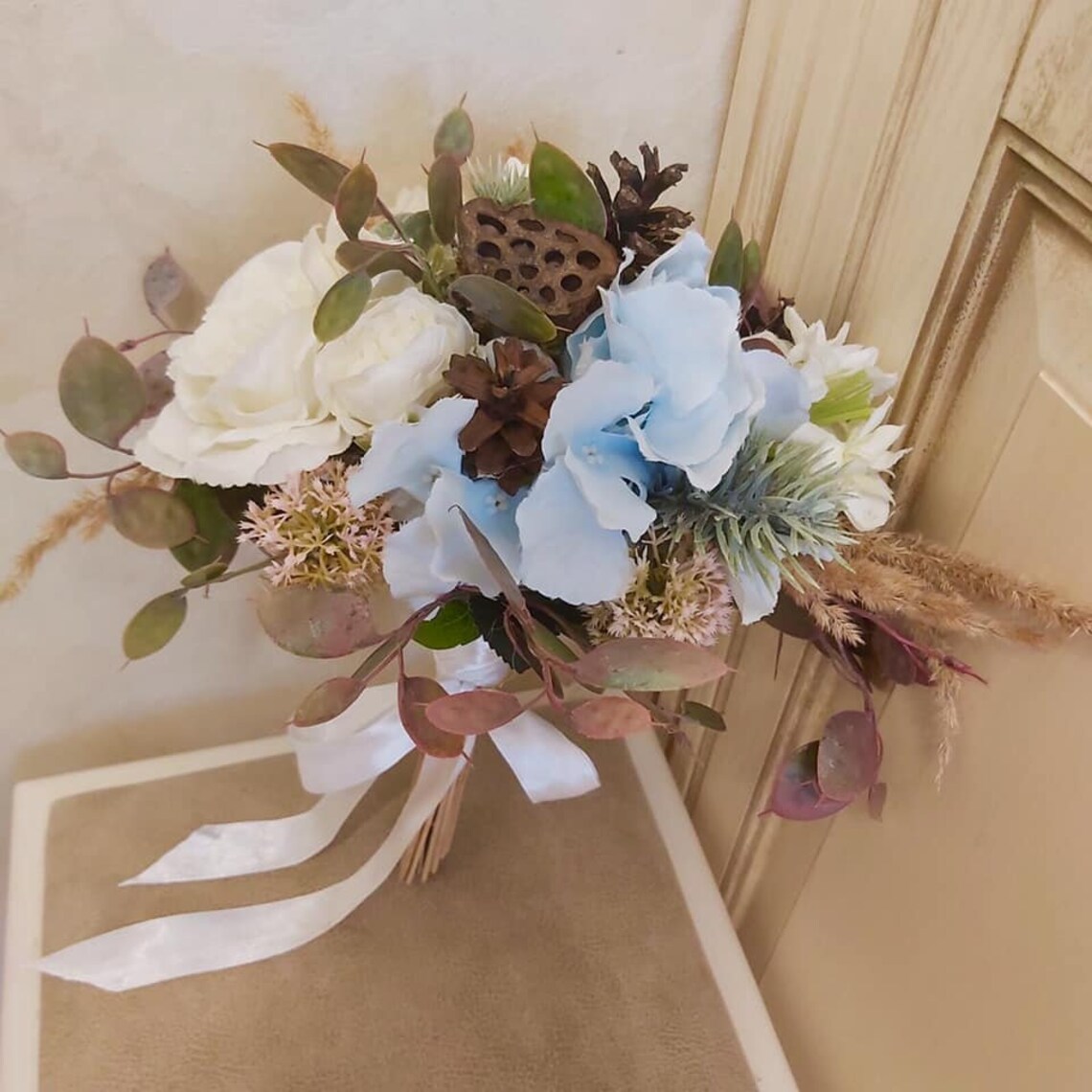 Sage green Wedding bouquet Ivory Rose bouquet Dusty blue Etsy