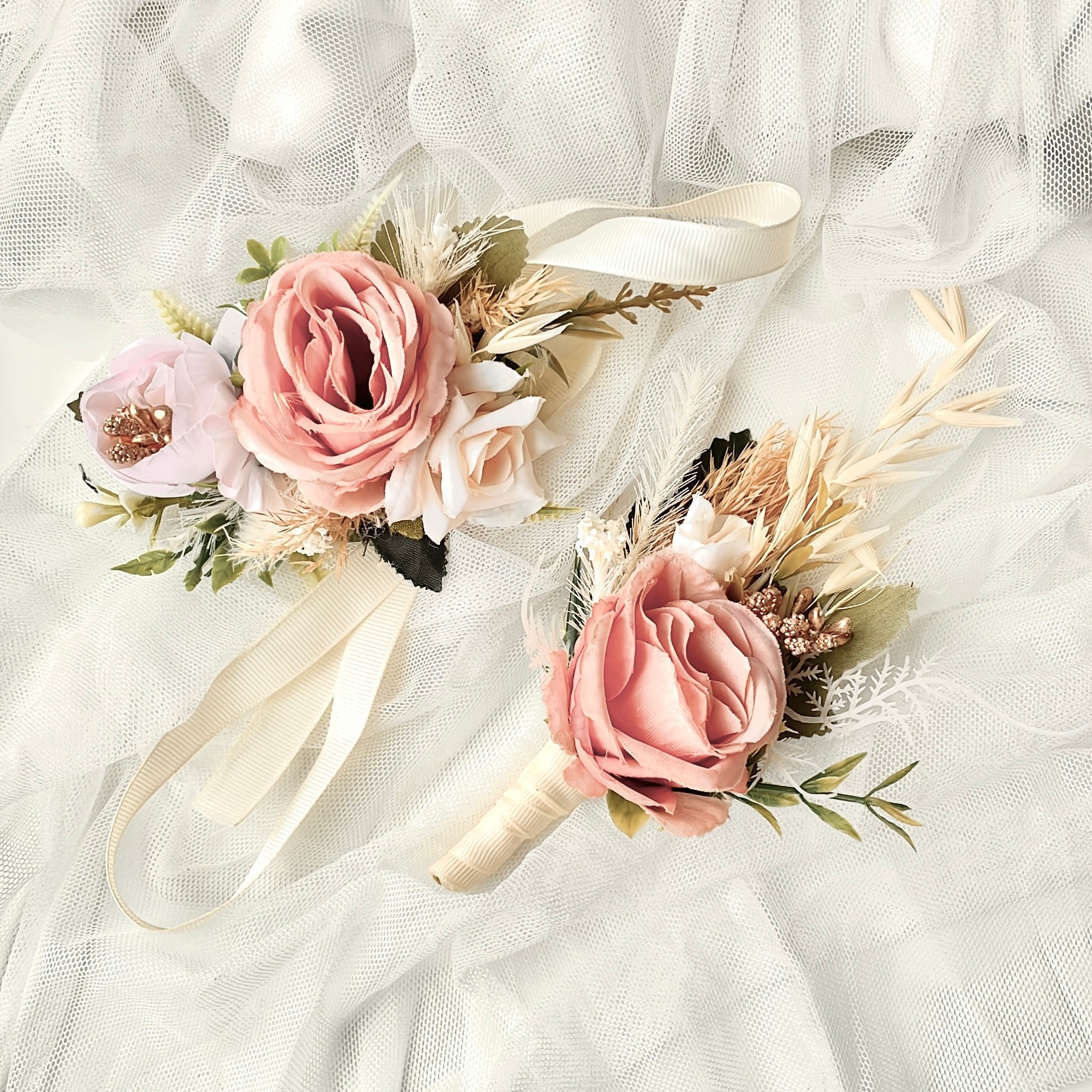 Corsage and Boutonniere Set Blush Pink Wedding Dusty Rose Boutonniere