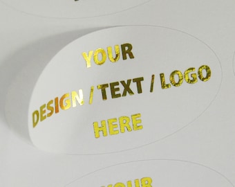 Custom Logo Oval Stickers, Luxury Metallic Foil Printed, Large or Small Oval Shaped Stickers In White Matt Paper Label