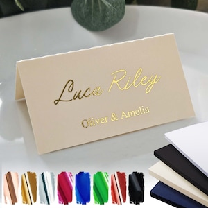 Marque-places personnalisés pour mariage, noms d'invités personnalisés pour la décoration de la table, papier métallisé sur fond blanc, ivoire, noir ou bleu marine, cartes pour fêtes et événements