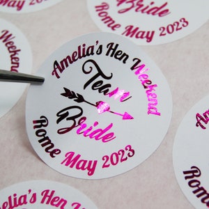 Team Bride Sticker, Personalised Hen Party Stickers, Custom Hen Weekend Labels, Hen Do Favor, Hen Party Decorations, Round, Rose Gold, Pink