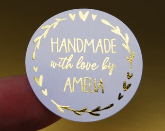 Handmade With Love By Labels - Thank You Stickers - Add Custom Name Sticker - add to tags for handmade items - Foil Colours