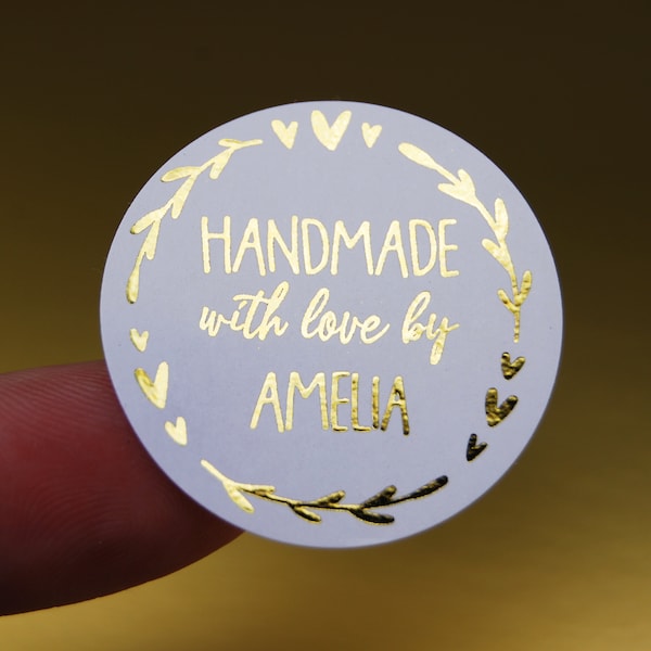 Handmade With Love By Labels - Thank You Stickers - Add Custom Name Sticker - add to tags for handmade items - Foil Colours