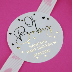 Oh Baby Stickers. Personalised Baby Shower Labels for Party Bags. Custom Baby Shower Favour Labels.  Boys or Girls in Pink & Blue.