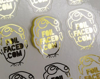 Contour Cut Logo Stickers, Cut To Design Labels, Metallic Foil on White Gloss Labels