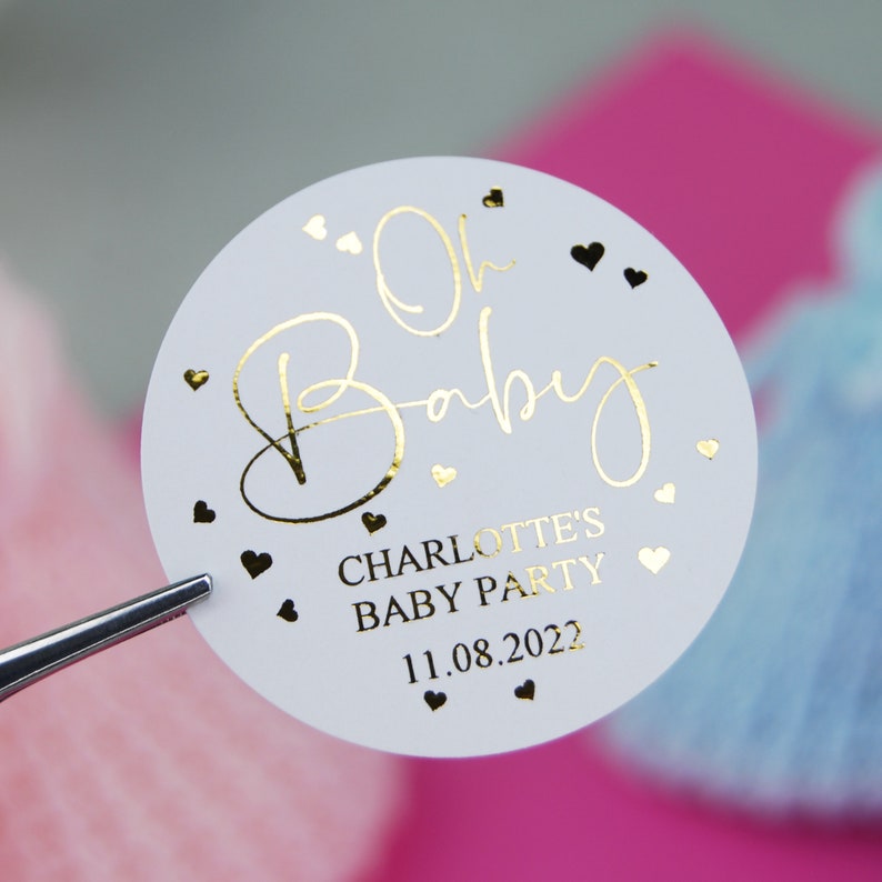 Oh Baby Stickers. Personalised Baby Shower Labels for Party Bags. Custom Baby Shower Favour Labels. Boys or Girls in Pink & Blue. image 7