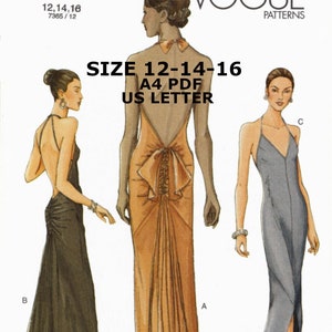 Vogue Evening Prom Atonement Style Dress Pattern 7365 PDF Digital Download A4 And US LETTER Size Print At Home Size 12, 14, 16 B34"-38"