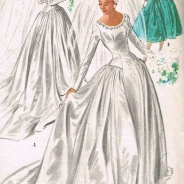 Vintage 1950s Wedding Bridal Bridesmaid's Dress Pattern PDF Instant Digital Download A4 Size Print At Home Size 16 Bust 34"
