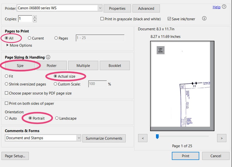 Op de afbeelding: Een screenshot van een afdrukvenster voor een Canon iX6800 series printer. Het venster toont opties voor de te printen pagina's, de pagina-indeling en -afhandeling, de ori&euml;ntatie en opmerkingen en formulieren. De afdrukinstellingen omvatten opties voor het afdrukken van alle pagina's, de huidige pagina of een reeks pagina's. De opties voor pagina-indeling en -afhandeling omvatten passen, werkelijke grootte, verkleinen van overmaatse pagina's, aangepaste schaal en het kiezen van de papierbron op basis van de PDF-paginaformaat. De ori&euml;ntatieopties omvatten automatisch, portret en landschap. De sectie opmerkingen en formulieren bevat opties voor documenten en stempels en voor het samenvatten van opmerkingen.