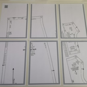 Op de afbeelding: Een naaipatroon voor een rok, met instructies en diagrammen voor het knippen en naaien. Het patroon bevat onderdelen voor de voorkant, de achterkant en de tailleband van de rok.