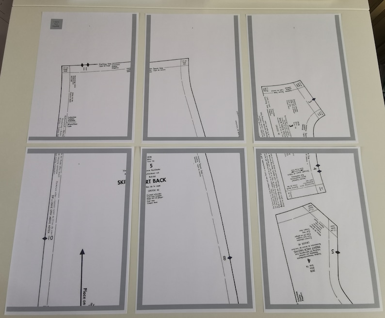Op de afbeelding: Een naaipatroon voor een rok, met instructies en diagrammen voor het knippen en naaien. Het patroon bevat onderdelen voor de voorkant, de achterkant en de tailleband van de rok.